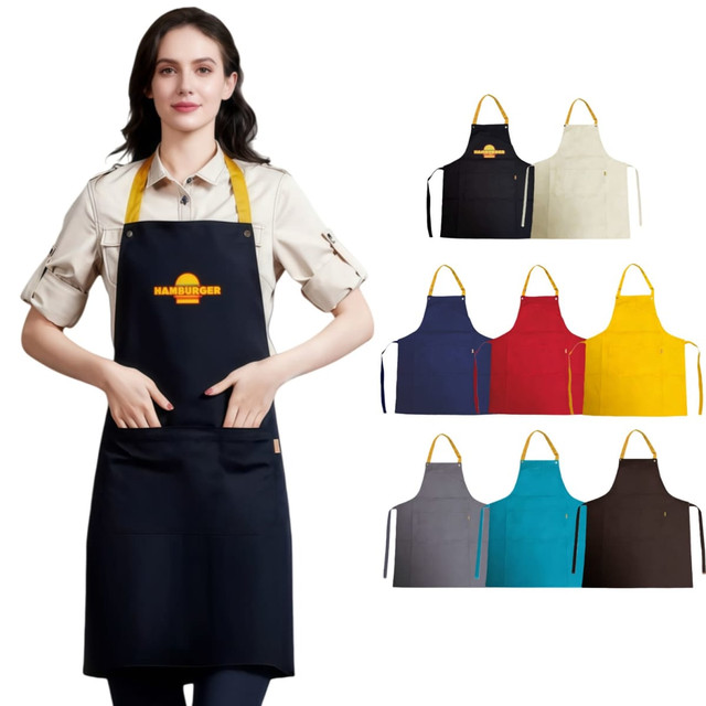 A full bib apron displayed in navy, cream, navy blue, red, yellow, and teal, featuring a logo.