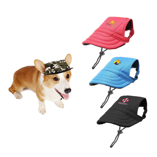 A dog wearing a camouflage hat, alongside pink, blue, and black hats on display. Each hat has a logo.