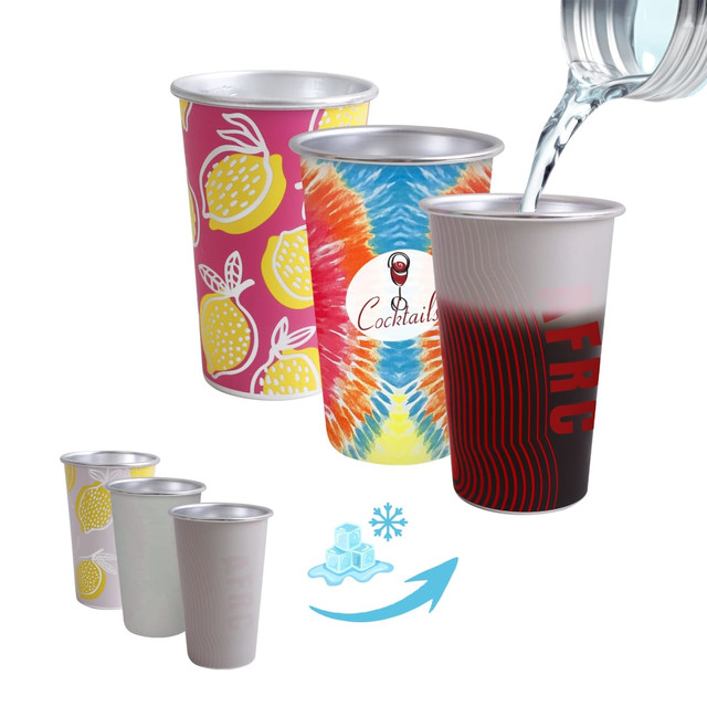 A collection of aluminium colour changing cups in vibrant patterns, with a pouring action demonstrated.