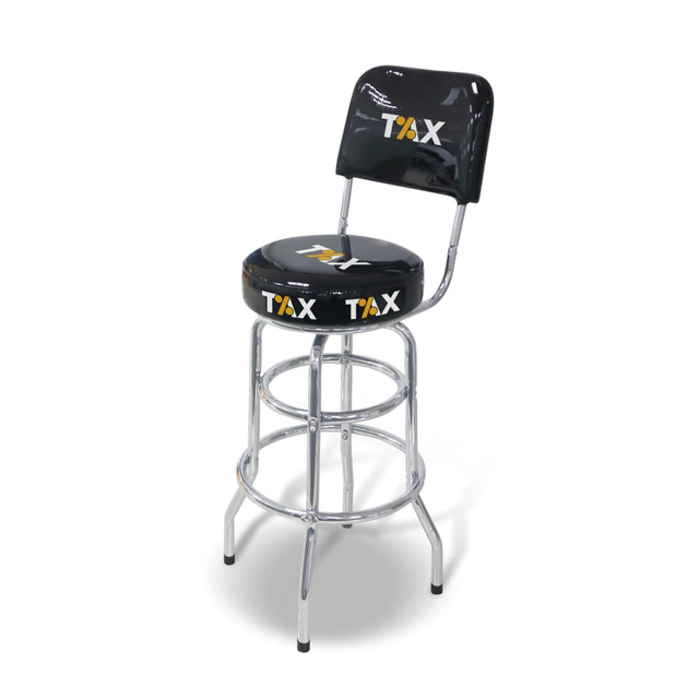 A black bar stool with a backrest and chrome legs, featuring a logo on the seat.