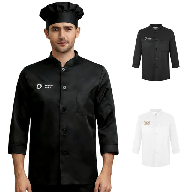 A black 3/4 sleeve chef jacket with a single breasted design and a matching chef hat, featuring a logo.