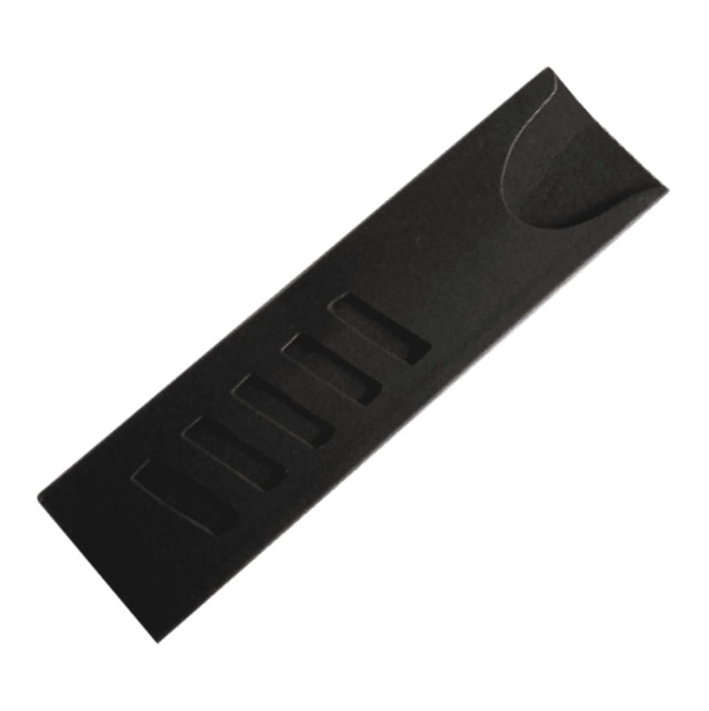 A black pen box with a sleek design featuring cut-out sections for displaying pens. A black pen box with a sleek design featuring cut-out sections for displaying pens.