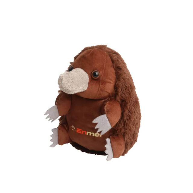 A brown echidna plush toy with grey accents and a logo on the front, featuring realistic eyes and feet.