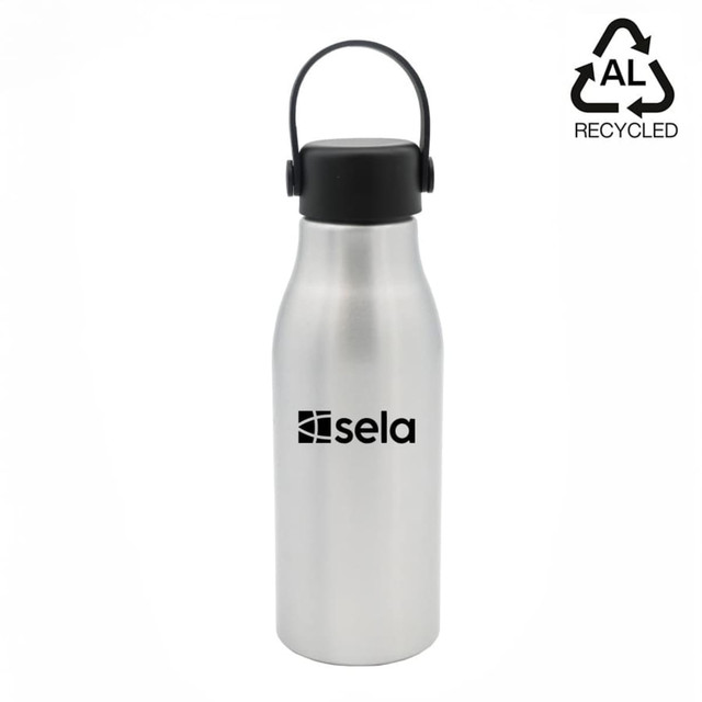 A drink bottle in silver with a black lid and a handle, featuring a logo on the front.