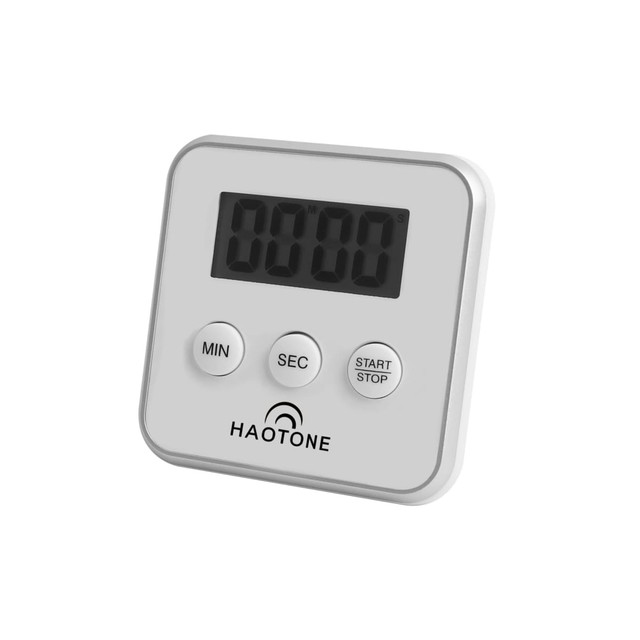 A digital kitchen timer in white, featuring a large display and three control buttons, with a logo visible.
