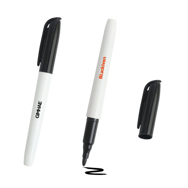 A set of black and white markers, featuring a cap, an open marker, and a visible ink line.