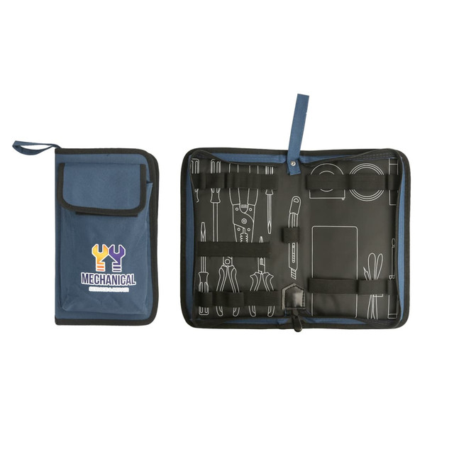 A blue tool kit bag with a pocket, featuring various tools and a logo. The interior has a black design with tool outlines.