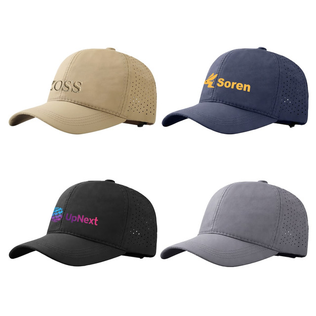 Four quick-drying perforated caps in beige, navy, black, and grey, each featuring different logos.