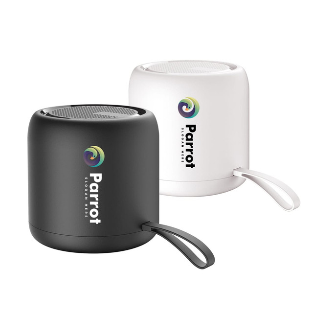 A pair of portable Bluetooth speakers in black and white with a handle, featuring a logo on each.
