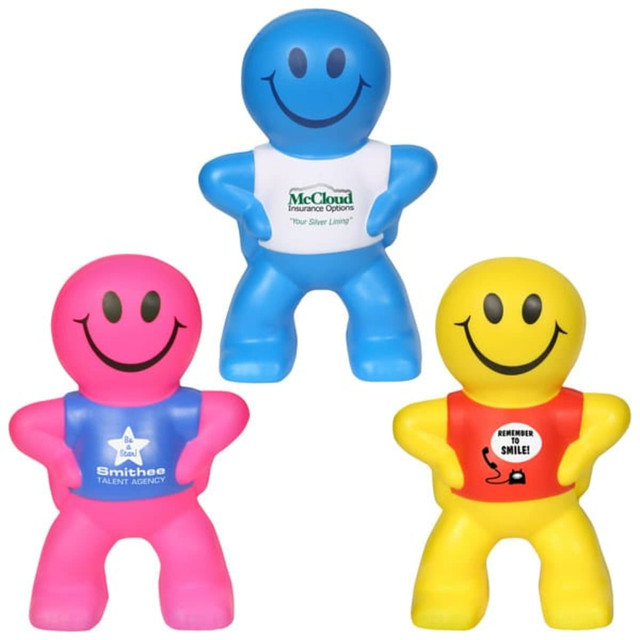 Three stress relievers in pink, blue, and yellow, shaped like smiling figures, with logos on some.