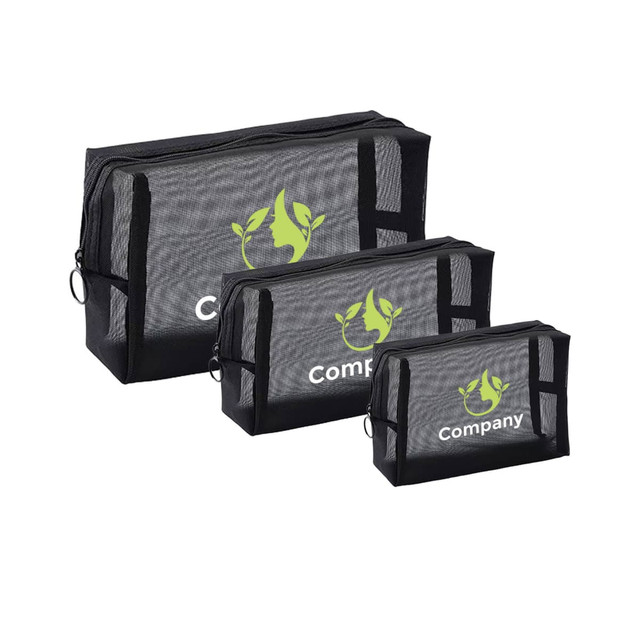 A set of three black nylon mesh cosmetic bags with a logo on the front.