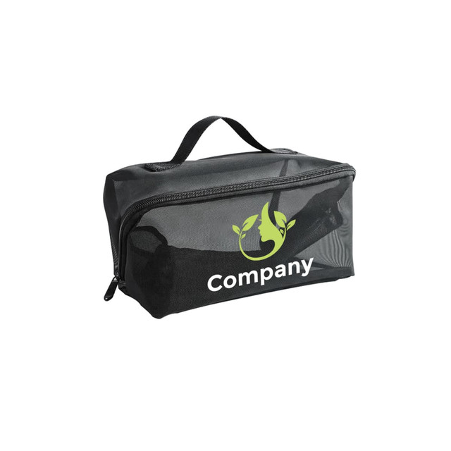 A large capacity black nylon mesh cosmetic bag with a zip closure and a handle, featuring a logo.