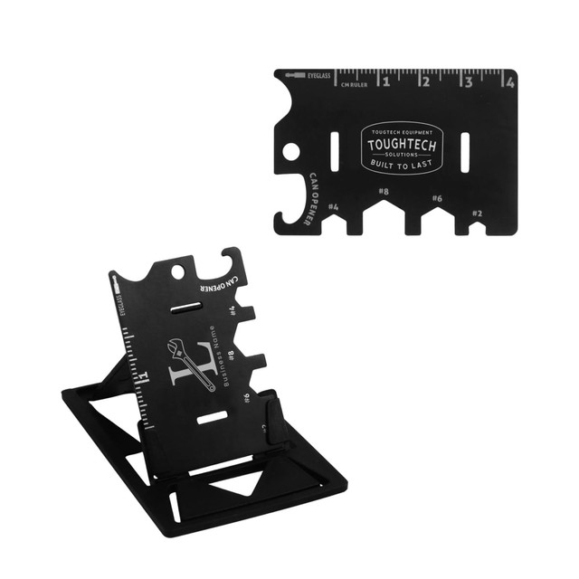 A multi-function phone stand in black, featuring various measurement markings and a logo.