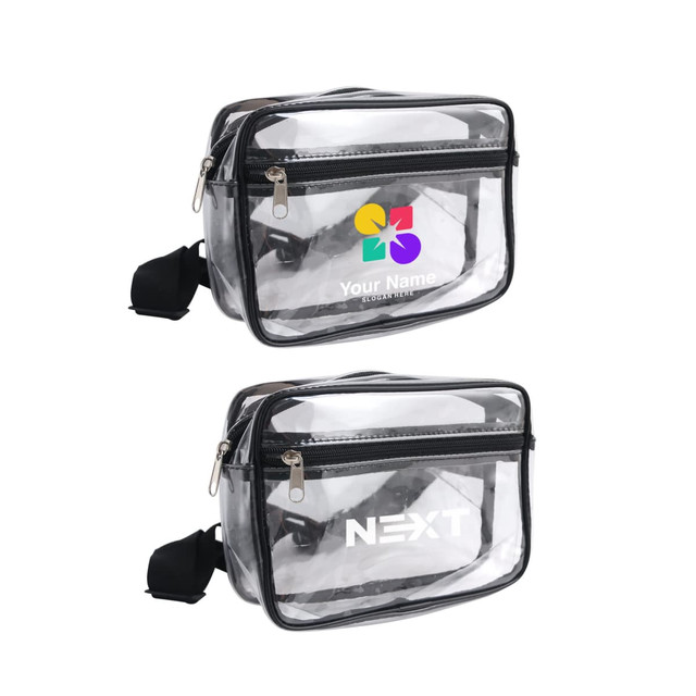 A clear fanny pack with a black zip and adjustable strap, featuring a logo on the front.