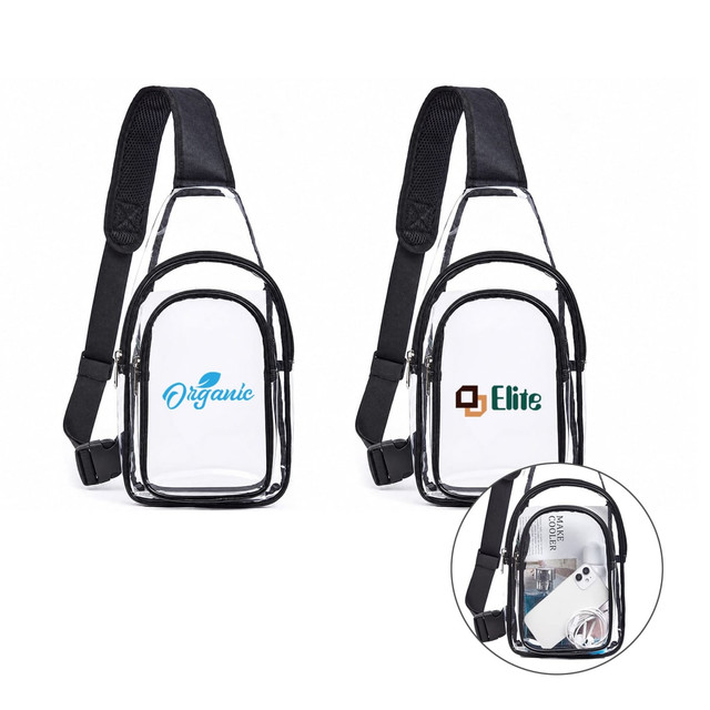 A clear PVC crossbody backpack with black straps, featuring a logo on the front and a small section showing contents.