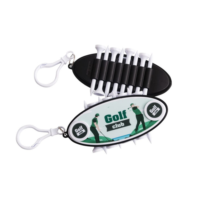 A golf tee set featuring white tees, stored in a black and white case with a logo. Includes a clip for attachment.