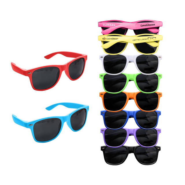 Coloured classic sunglasses in red, blue, purple, green, orange, black, and white, displayed in a stack.