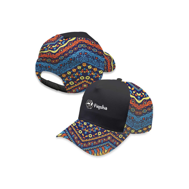 A custom cap featuring a vibrant patterned design in blue, red, and yellow with a black panel and logo.