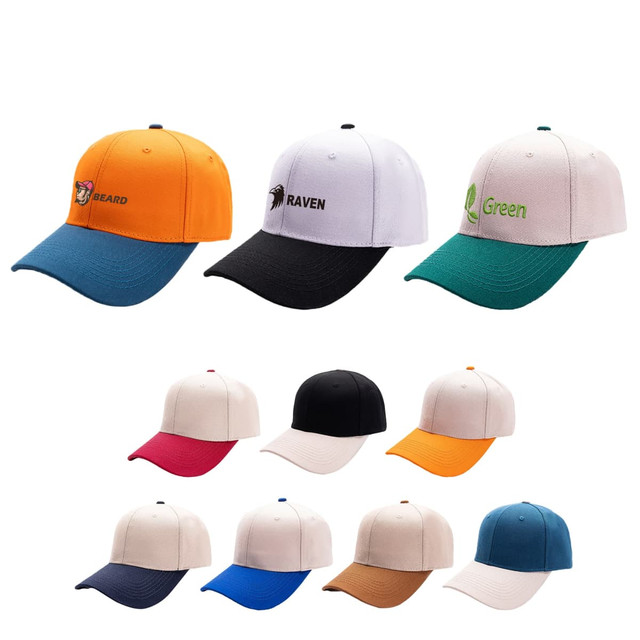 A collection of six-panel adjustable baseball caps in various colours, including orange, white, green, black, red, blue, and tan.
