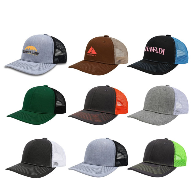 A variety of six-panel mesh back trucker hats in different colours and designs, featuring logos.