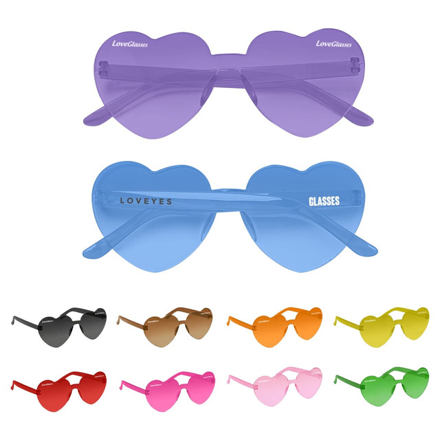 Heart-shaped sunglasses in various colours, including purple, blue, black, orange, and pink. Features branding on the arms.