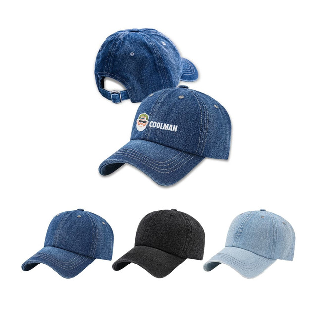 A denim baseball cap available in dark blue, light blue, black, and grey colours, featuring a logo on the front.