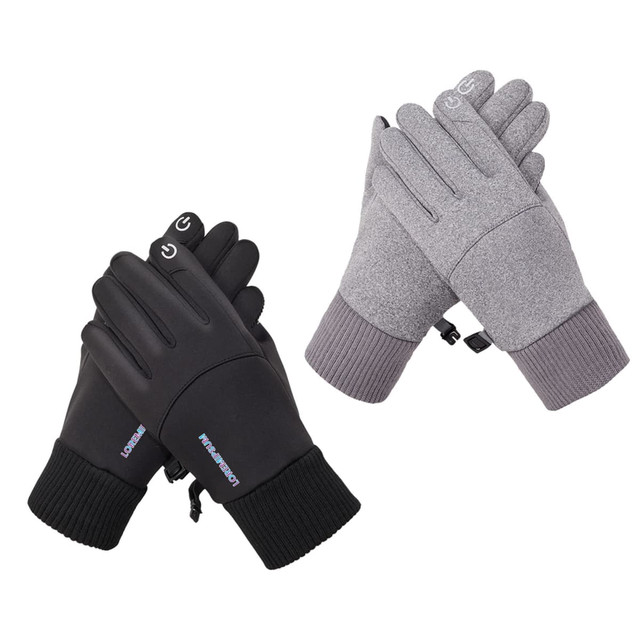 A pair of touchscreen winter gloves in black and grey, featuring ribbed cuffs and logos on the sides.
