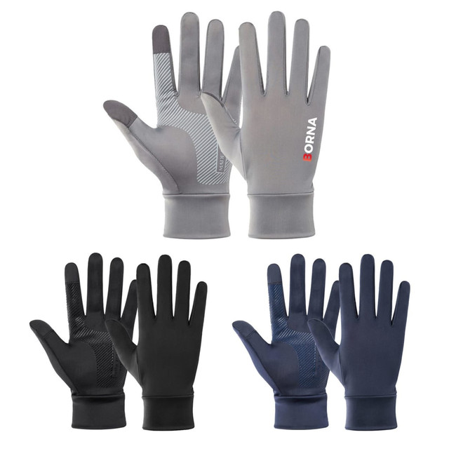 Sun protective full-finger gloves in grey, black, and navy, featuring a textured grip and a logo.