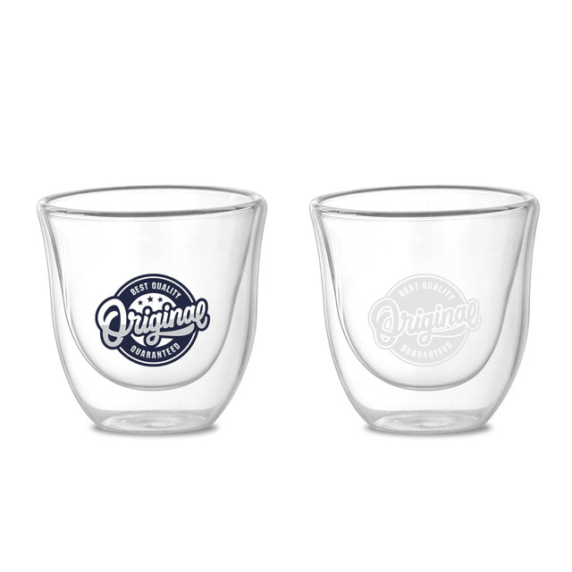 A double wall glass featuring a rounded design, with one side displaying a logo and the other side clear.
