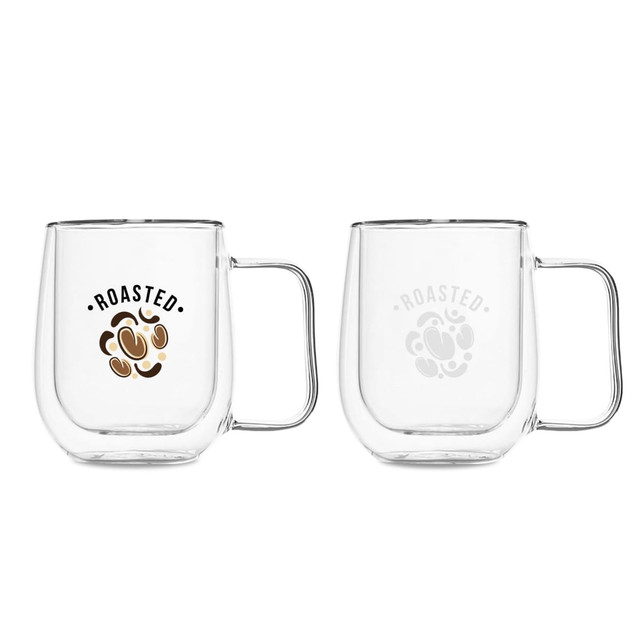 A barrel-shaped double wall mug with a clear glass design, featuring a logo and a comfortable handle.