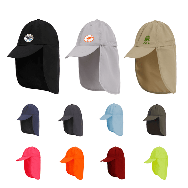 A collection of baseball caps with neck flaps in various colours including black, grey, beige, blue, and orange. Each has a logo.