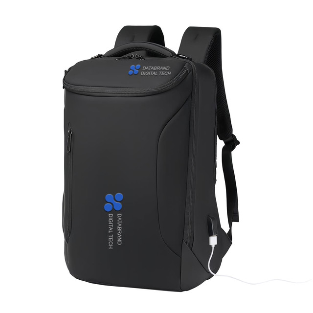 A waterproof black business backpack with a logo and USB charging port.