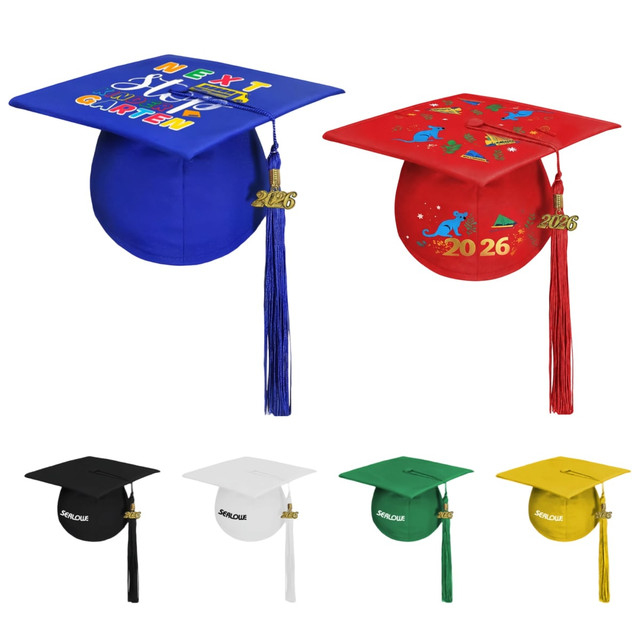 A selection of mortarboard graduation caps in blue, red, black, white, and yellow, featuring tassels and decorative elements.