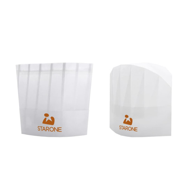 A children's chef hat in white non-woven material with an orange logo. It features a classic design for young chefs.