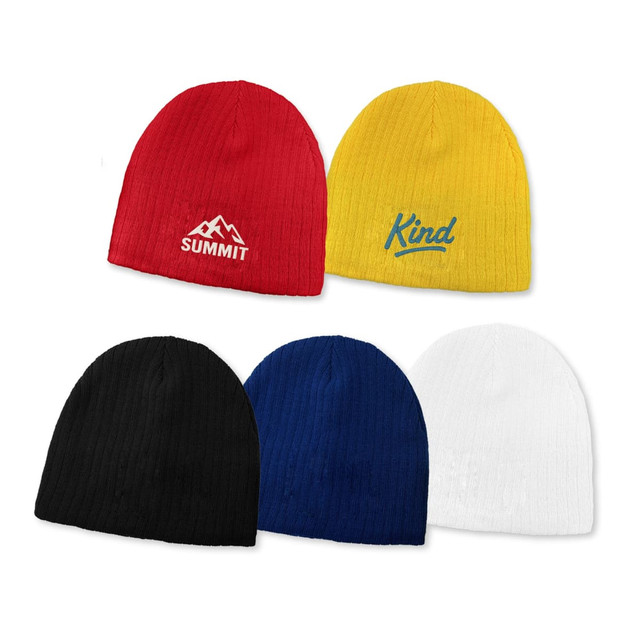 A collection of cable knit beanies in red, yellow, black, blue, and white, featuring different logos.