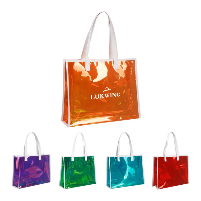 A clear handbag with orange, purple, green, and red options, featuring white handles and a logo.