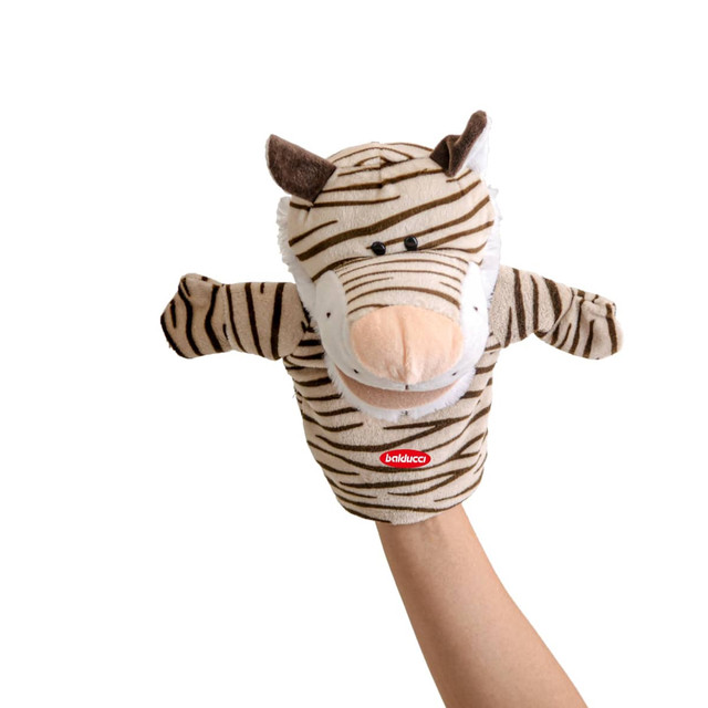 A plush tiger hand puppet with beige and brown stripes, featuring a soft muzzle and ears, shown on a hand.