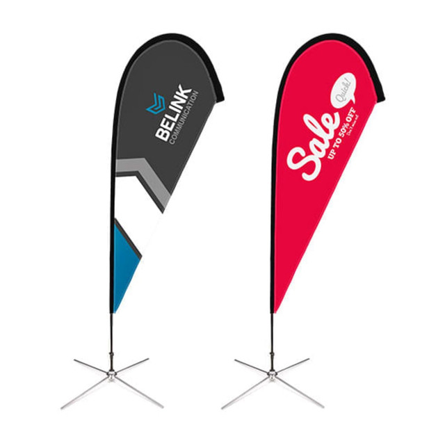 Two large teardrop banners, one in black and blue and the other in red, both with a logo and stand.