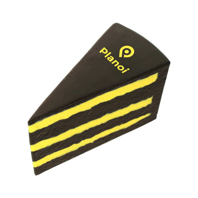 A chocolate cake-shaped stress reliever in brown and yellow, featuring a logo on the side.