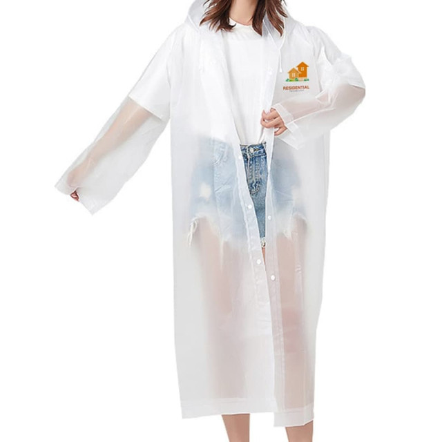 A transparent white raincoat made of EVA material, featuring long sleeves and a hood, with a logo on the front.