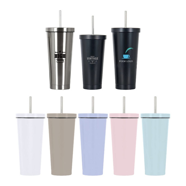 A drink bottle collection featuring double wall stainless steel tumblers in various colours with straws and logos.