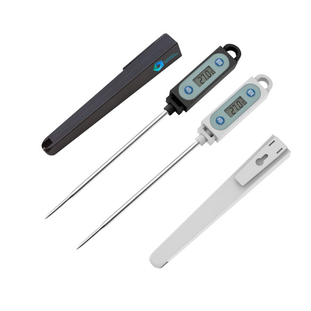 Instant read meat thermometers in black and white with long stainless steel probes, featuring digital displays and branding.