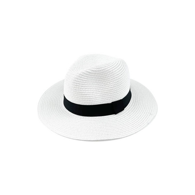 A white sun hat with a black band, featuring a wide brim and a smooth texture. It has a logo on the inside.