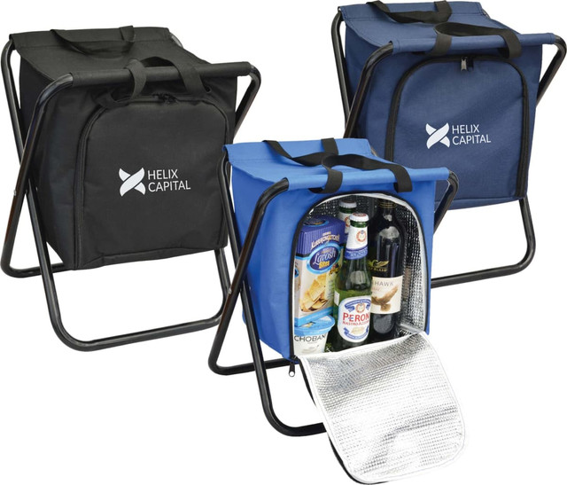 A drink bottle cooler seat in black and blue, featuring an interior compartment with drinks and a reflective flap.