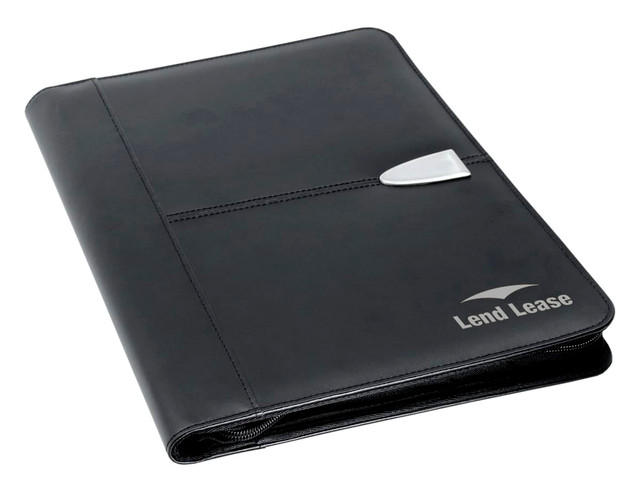 A black leather zip portfolio featuring a silver closure and branding on the front. Suitable for office use.