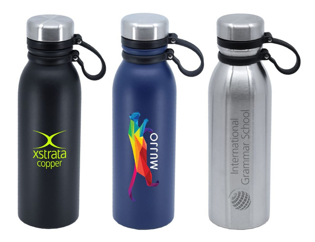 A drink bottle collection featuring a black, navy blue, and stainless steel vacuum flask, each with a logo.