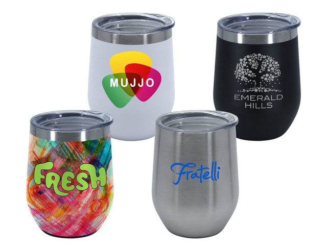 A set of four travel mugs in white, black, stainless steel, and colourful designs, each with a lid and branding.
