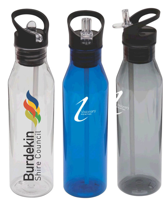 A drink bottle set featuring clear, blue, and grey designs, each with a black lid and a built-in straw.