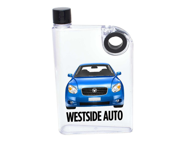A drink bottle in clear plastic with a black lid and a design featuring a blue car and logo.