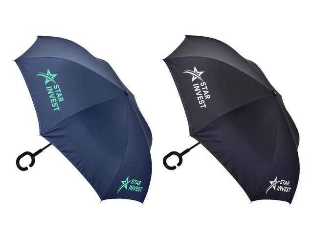 A navy and black inverter umbrella with a C handle, featuring branding on both canopies.